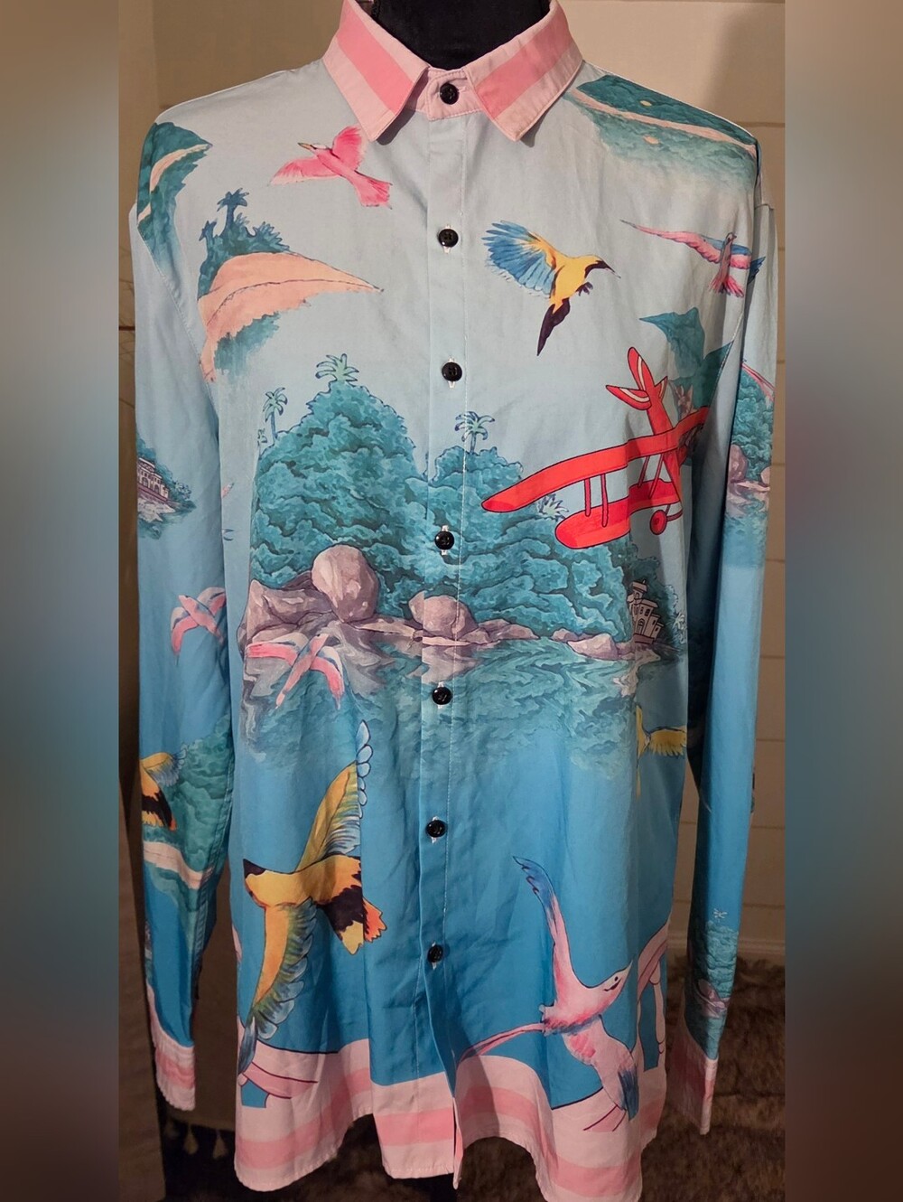 Collectors Casablanca Blue Pink Bedroom Landscape Graphic LS Cotton Shirt XL
